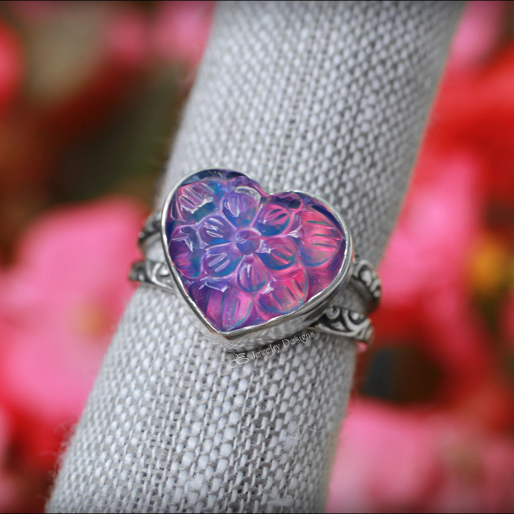 
                  
                    Sterling Carved Aurora Opal Heart Ring - LE Jewelry Designs
                  
                