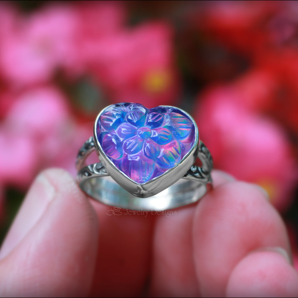 
                  
                    Sterling Carved Aurora Opal Heart Ring - LE Jewelry Designs
                  
                