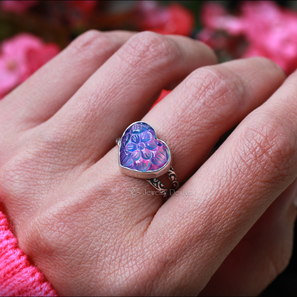 
                  
                    Sterling Carved Aurora Opal Heart Ring - LE Jewelry Designs
                  
                