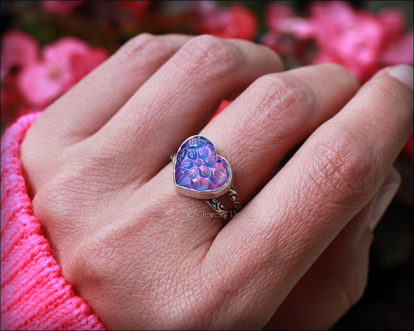 Sterling Carved Aurora Opal Heart Ring - LE Jewelry Designs