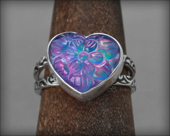 Load image into Gallery viewer, Sterling Carved Aurora Opal Heart Ring - LE Jewelry Designs
