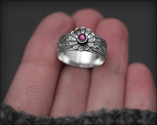 Load image into Gallery viewer, Wide Band Flower Birthstone Ring - LE Jewelry Designs
